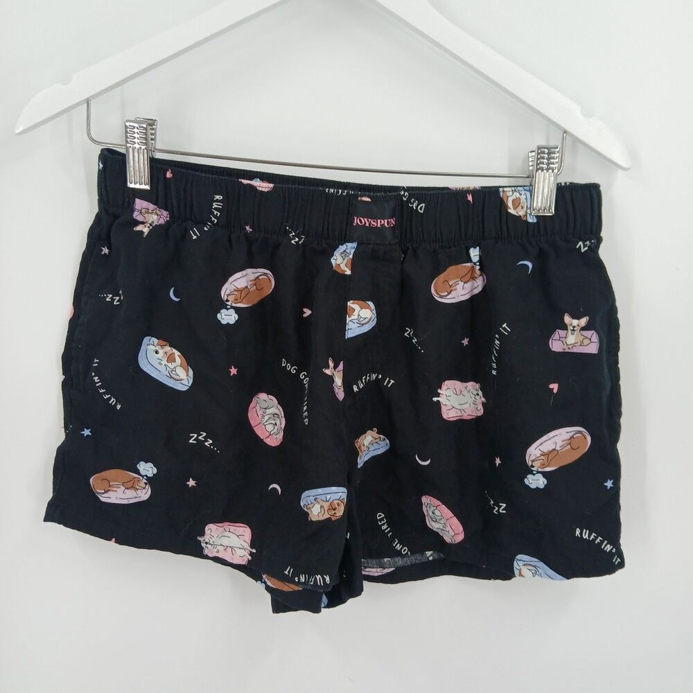 JoySpun Womens Black Sleeping Dogs Pajama Shorts Size Medium
